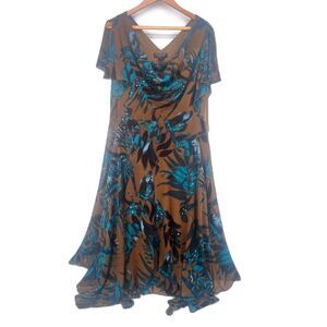 Signature by Robbie Bee Safari Tropical Print Flutter Sleeve Maxi Dress Size 16W